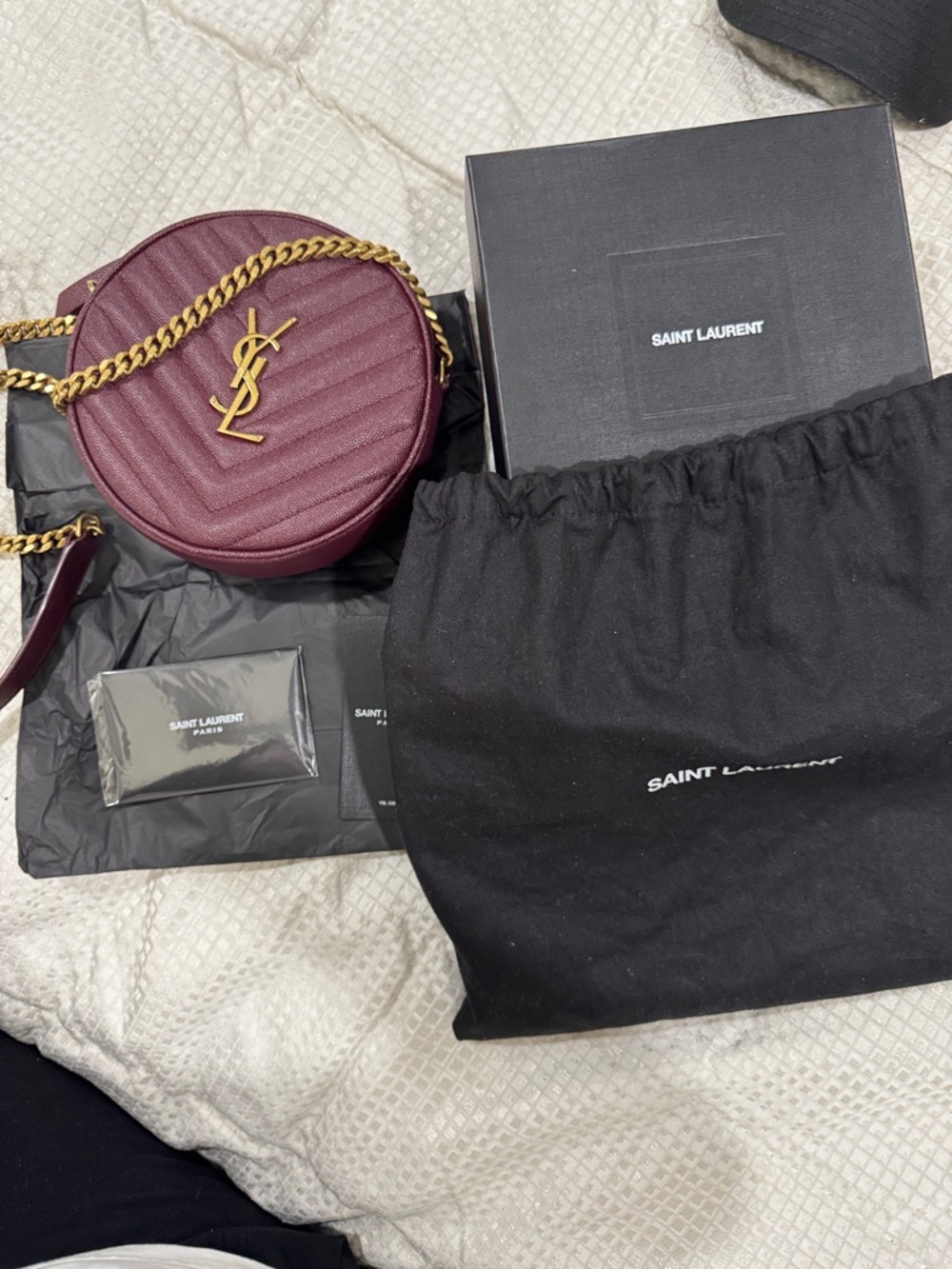 Saint Laurent Wine Quilted Round Crossbody with Gold YSL Chain - Picture 3 of 13
